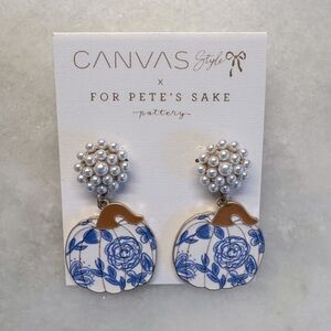 Pumpkin & Pearl Chinoiserie Delft Blue and White pottery enamel Earrings